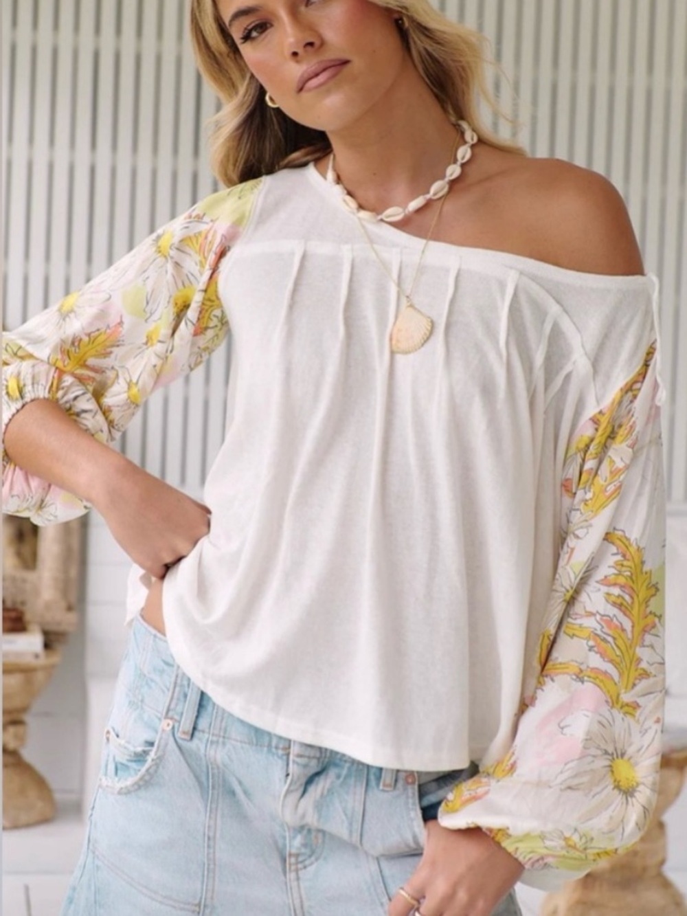 Free People White Off-Shoulder Floral Sleeve Top